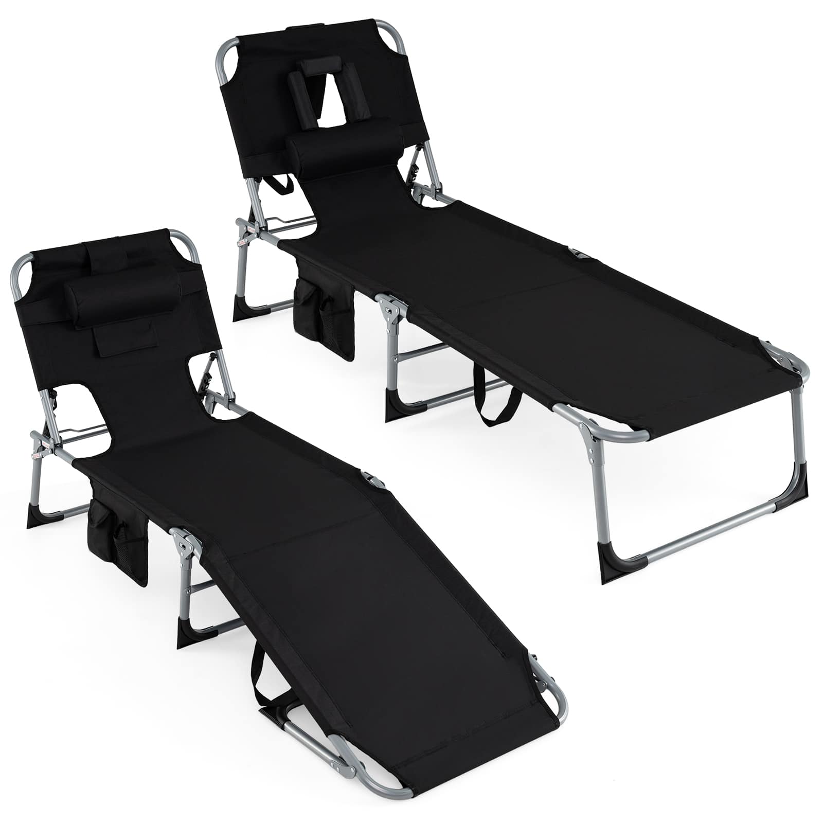 Gymax - 2PCS Tanning Chair w/4-Position Adjustable Backrest Face Arm Holes & Pocket - Black