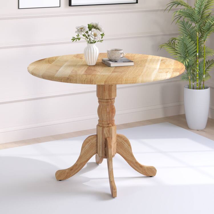 Left. SlickBlue - Wood Dining Table with Round Tabletop and Stylish Trestle Legs - Natural.