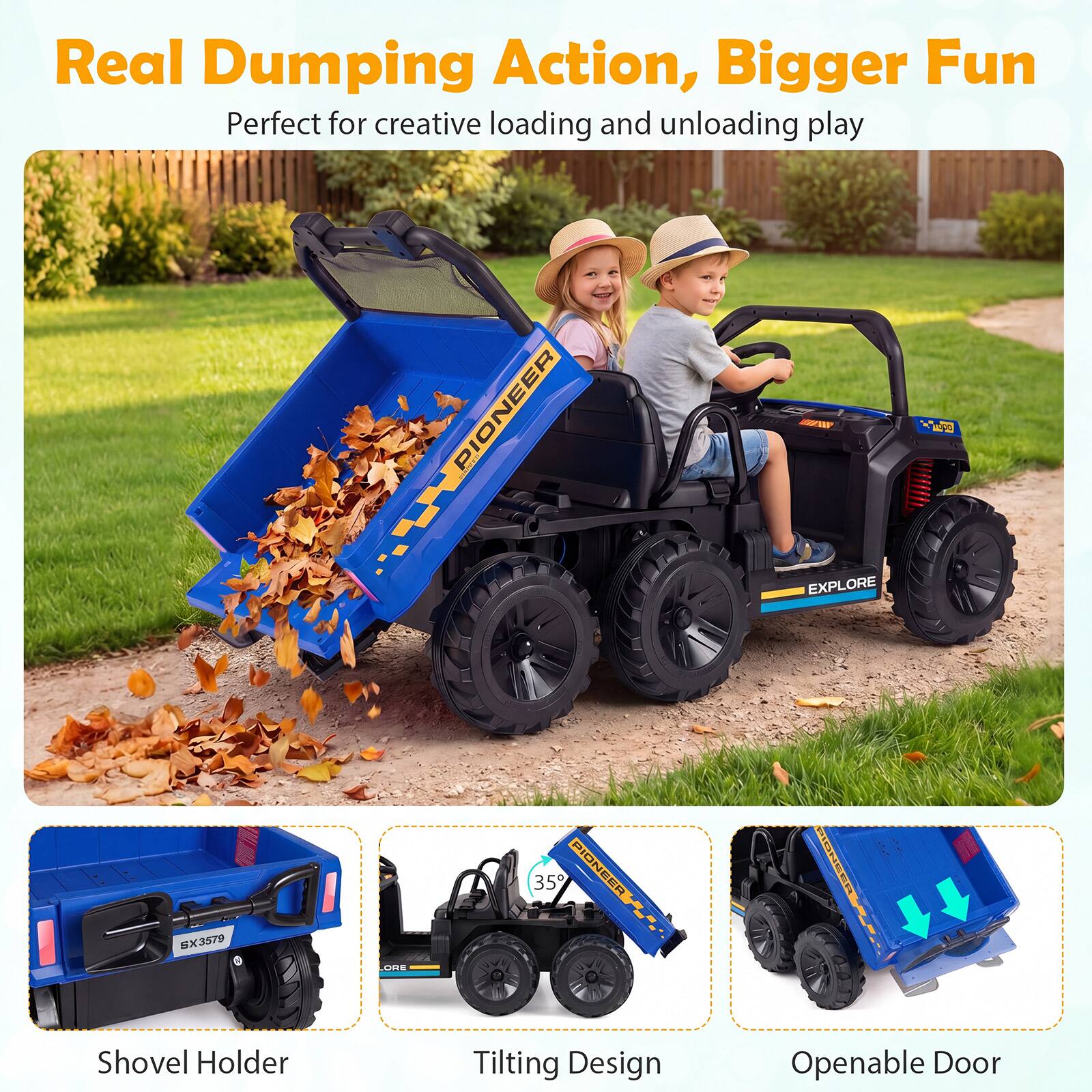 Real Dumping Action, Bigger Fun  
Perfect for creative loading and unloading play  

PIONEER EXPLORE SX3579  

- Shovel Holder  
- Tilting Design  
- Openable Door