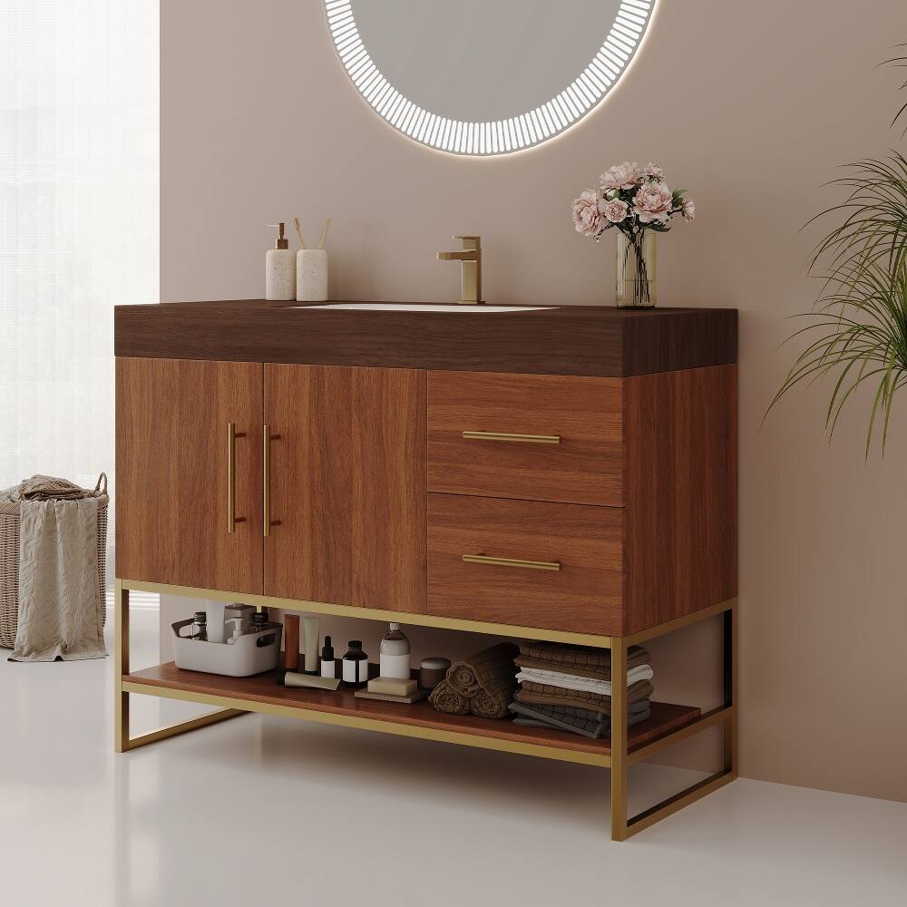 Alt View 3. Loheer - Loheer 36 inch Modern Bathroom Vanity Walnut Freestanding Vanity with Ceramic Sink - Walnut.