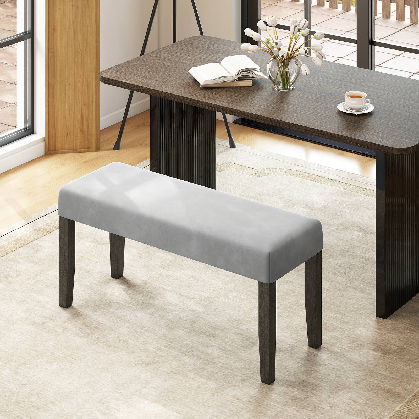 Alt View 1. Gymax - Gymax Upholstered Bedroom Bench w/Padded Seat & Solid Wood Legs for Dining Room - Grey.