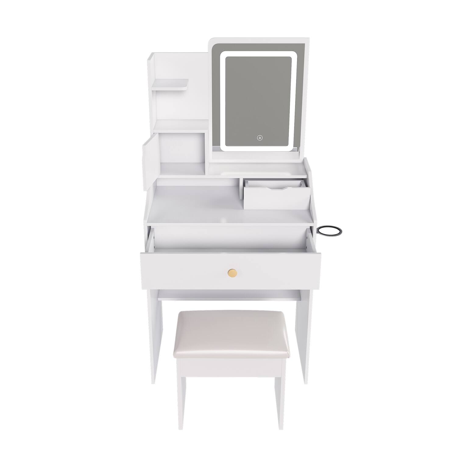 Alt View 4. Lirago - White Wood Dressing Table Desk with LED Mirror Charging Station and Storage Stool 17.7" D x 43.3" W x 53.1" H - White.