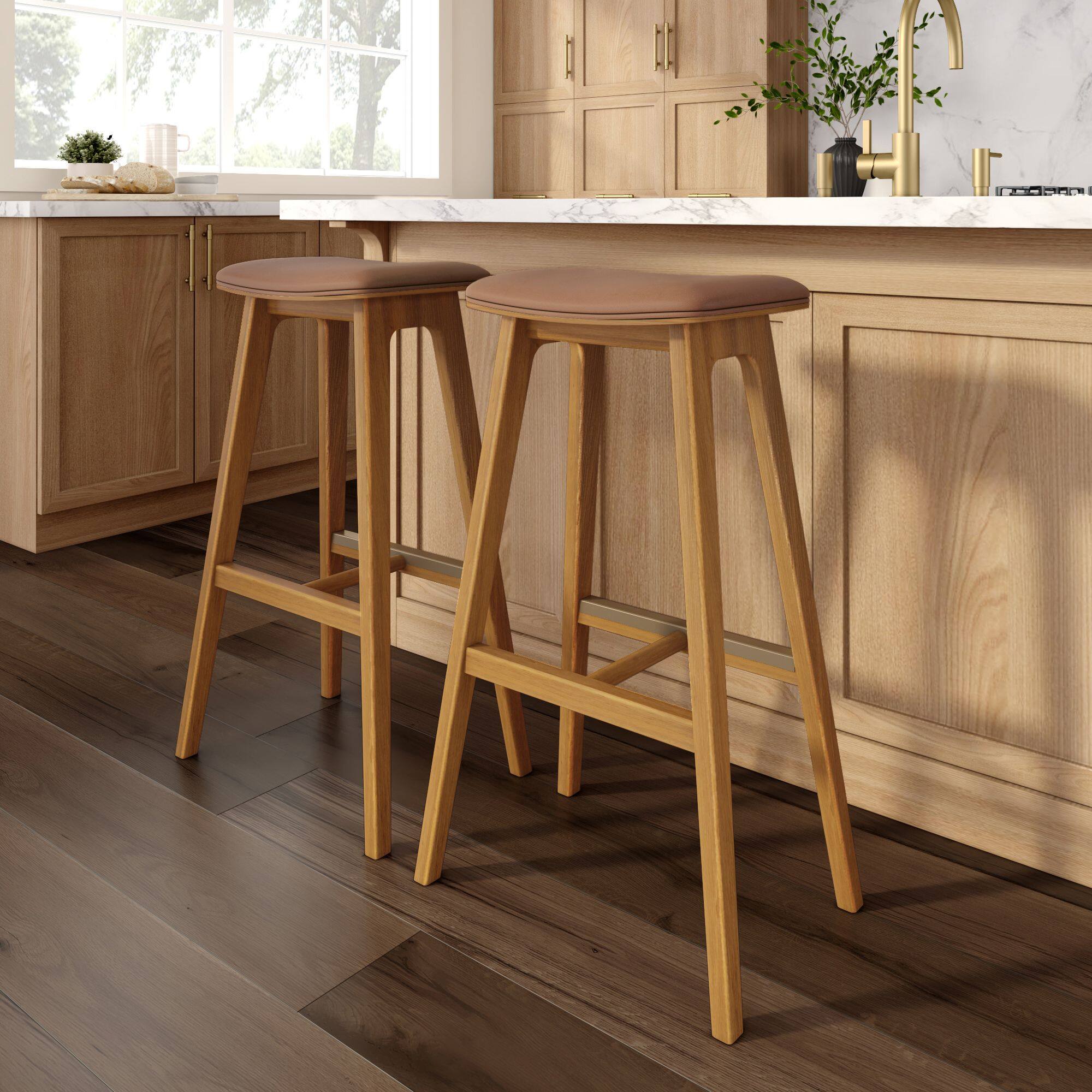 Alt View 7. Plank+Beam - Beryl Upholstered Bar Height Stool (30in) - 4 pack, Pecan/Toffee PU Leather - Pecan/Toffee PU Leather.