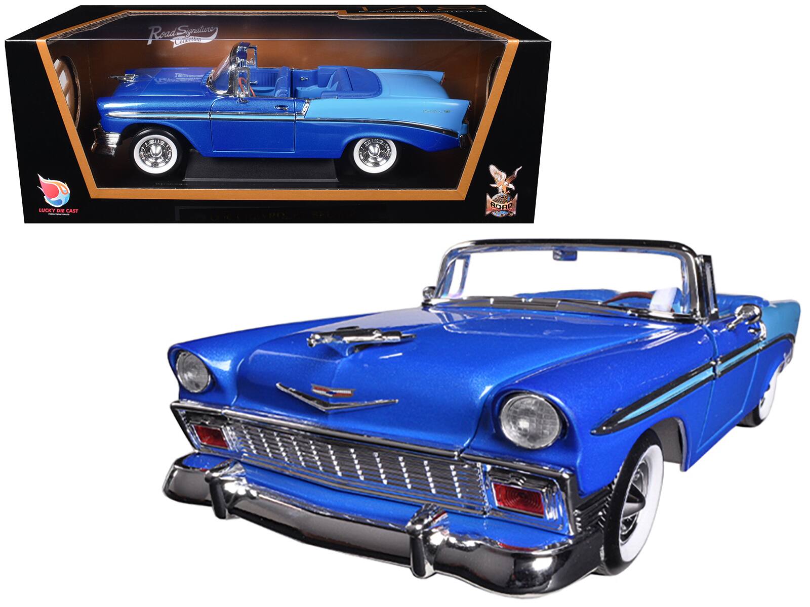 1956 Chevrolet Bel Air Convertible 1/18 Diecast Model Car by Road Signature - Dark Blue Metallic and Light Blue