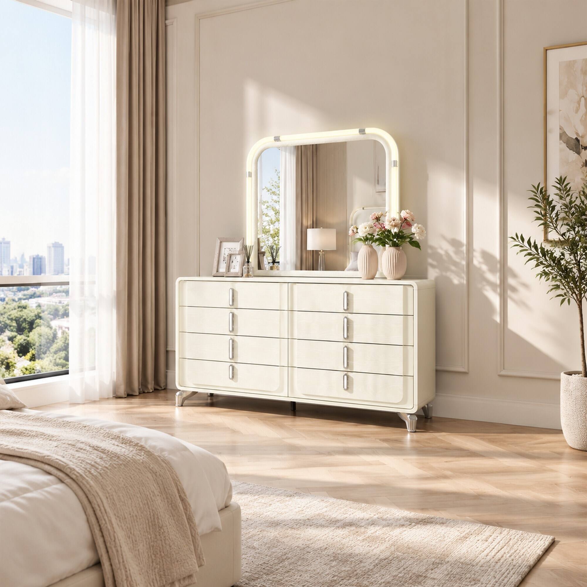 Angle. RYHNUYNE - Beige LED Dresser Mirror, Large Rounded Edges, Impact Resistant Glass, Contemporary Bedroom Vanity - Beige.