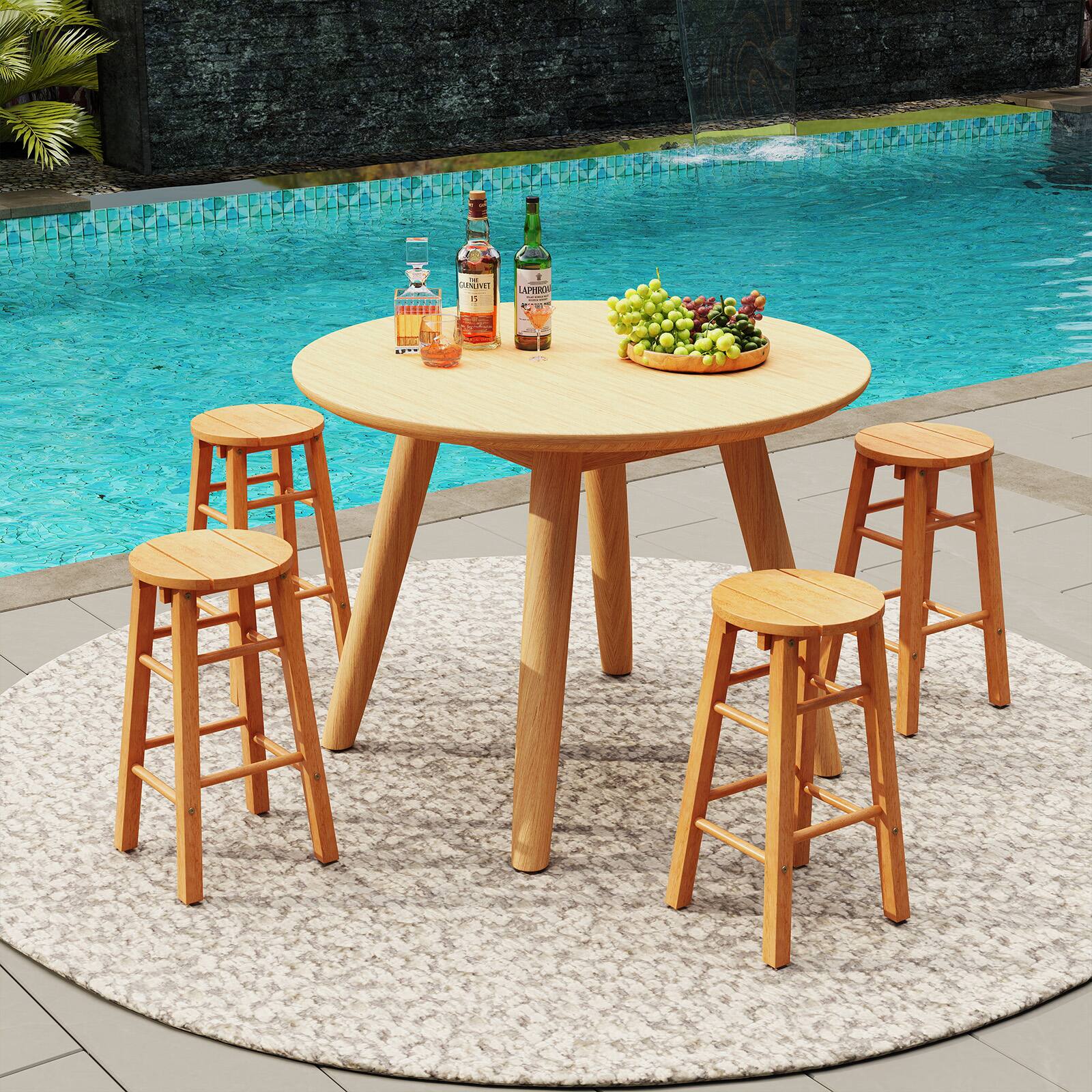 Gymax 24 Inch Outdoor Wood Bar Stools Set of 2 w/ Round Seat