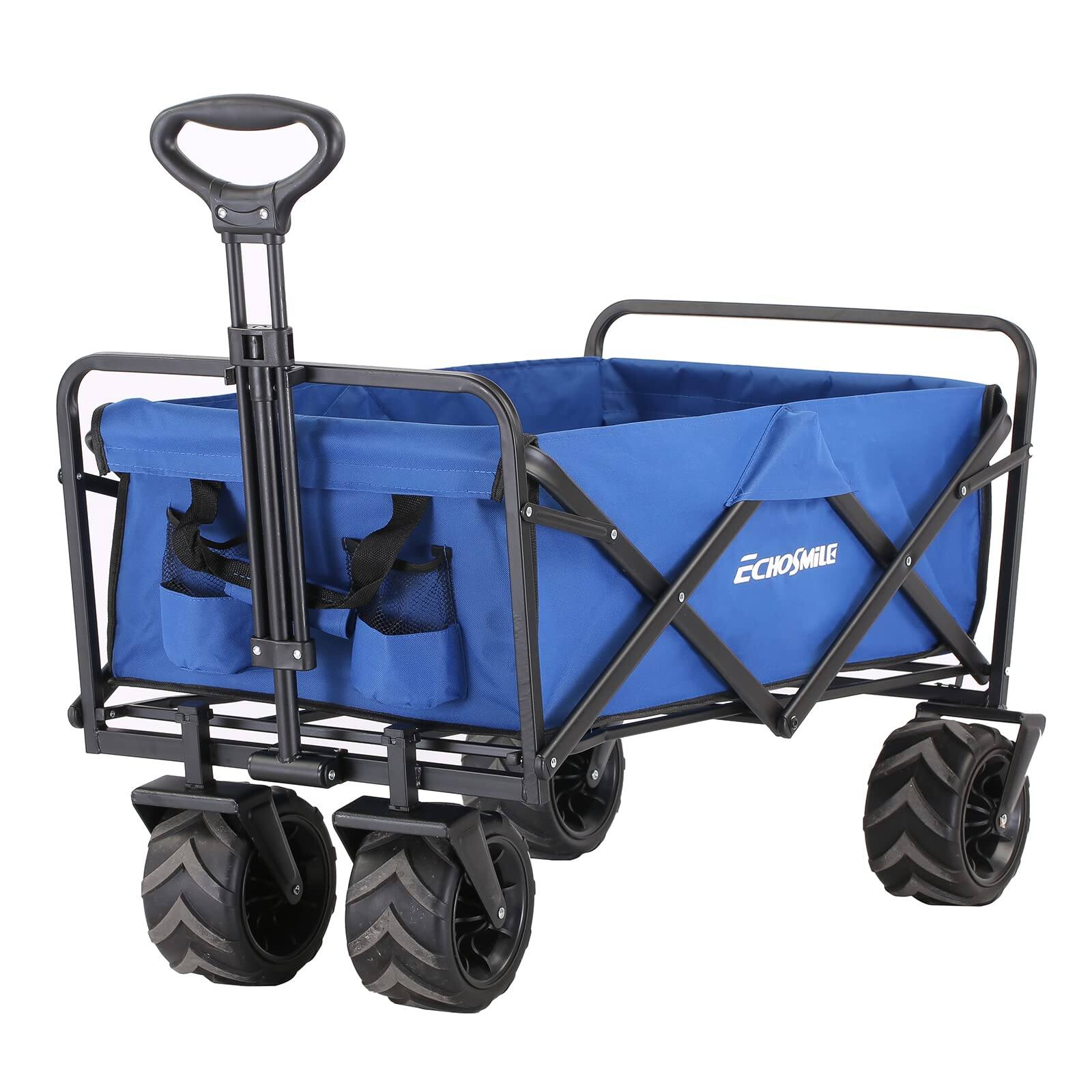 Wikistore - Heavy Duty Wagon - 350 Lbs, Collapsible, Outdoor Camping, Grocery, Adjustable, All Terrain Big Wheels - Blue