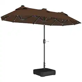 Outsunny - 10ft Double-sided Patio Umbrella with Solar Lights and Sandbag Base, Outdoor Umbrella with Push Button Tilt, Crank - Coffee
