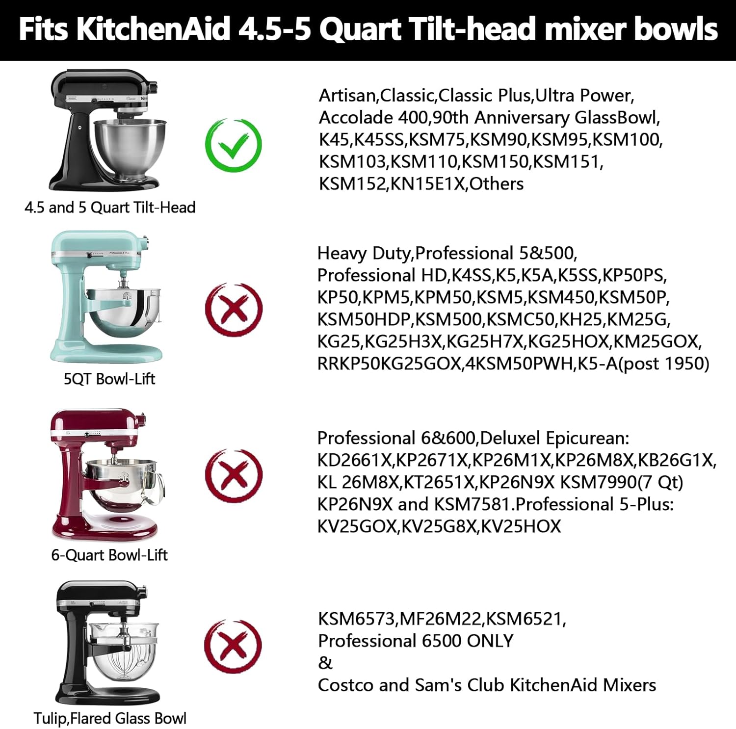 Fits KitchenAid 4.5-5 Quart Tilt-head mixer bowls

4.5 and 5 Quart Tilt-Head
- Artisan
- Classic
- Classic Plus
- Ultra Power
- Accolade 400
- 90th Anniversary GlassBowl
- K45, K45SS
- KSM75, KSM90, KSM95, KSM100, KSM103, KSM150, KSM151
- KSM15, KSM15E1X, Others

5QT Bowl-Lift
- Heavy Duty
- Professional 5&500
- Professional HD
- K4SS, K5, K5A, K5SS, KPM5, KPM50, KSM5, KSM450, KSM50P, KSM500, KSMC50, KH25, KM25G, KG25, KG25H3X, KG25H7X, KG25HOX, KM25GOX, RRP50KG25GOX, 