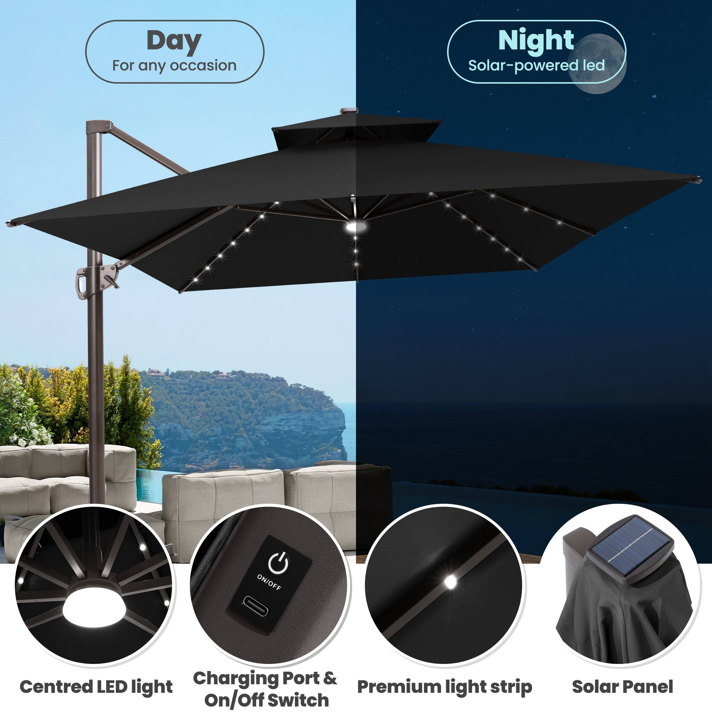 - Day: For any occasion
- Night: Solar-powered LED
- Centred LED light
- Charging Port & On/Off Switch
- Premium light strip
- Solar Panel