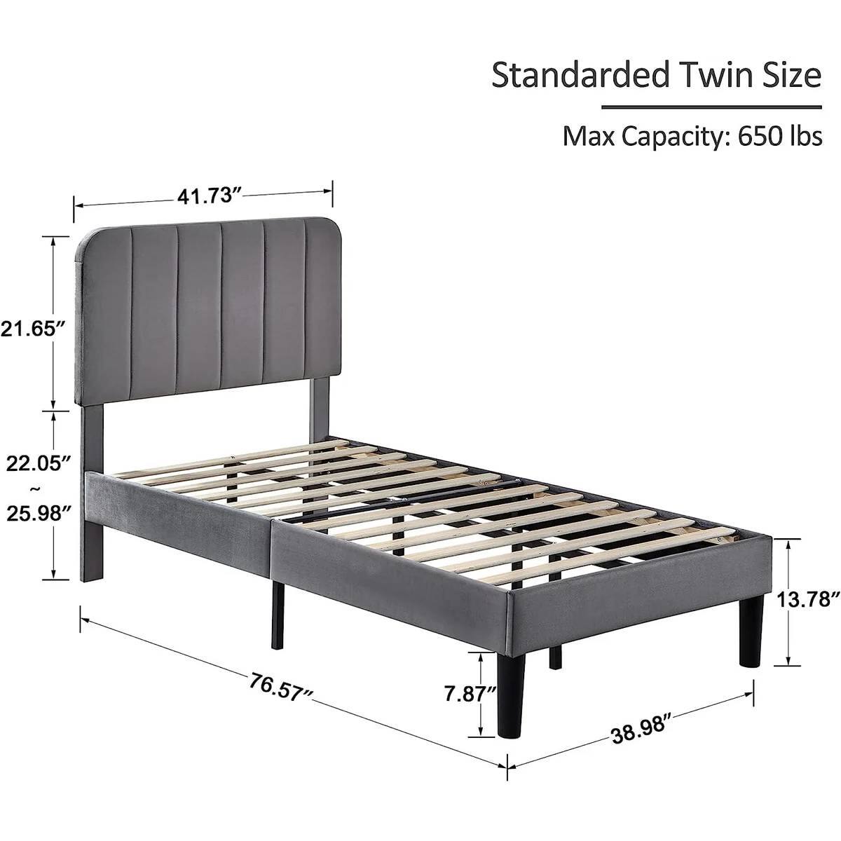 Standarded Twin Size
Max Capacity: 650 lbs
41.73"
21.65"
22.05"
25.98"
13.78"
76.57"
7.87"
38.98"