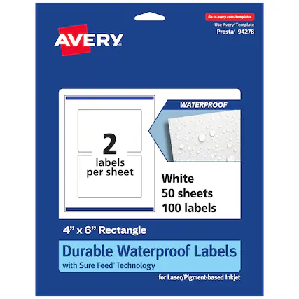 Go to avery.com/templates
AVERY
Use Avery™ Template Presta 94278
WATERPROOF
2 labels per sheet
White
50 sheets
100 labels
4" X 6" Rectangle
Durable Waterproof Labels with Sure Feed Technology for Laser/Pigment-based Inkjet