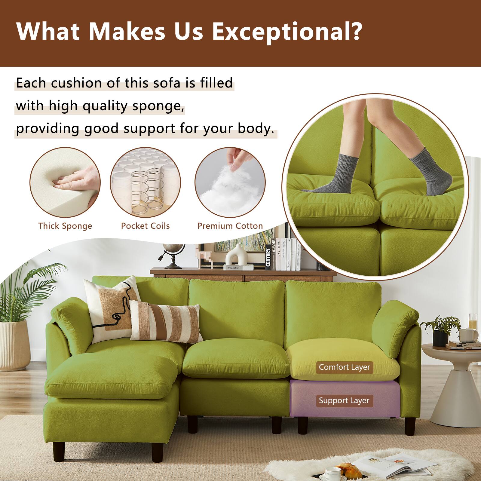 What Makes Us Exceptional?

Each cushion of this sofa is filled with high quality sponge, providing good support for your body.

- Thick Sponge
- Pocket Coils
- Premium Cotton

Comfort Layer
Support Layer