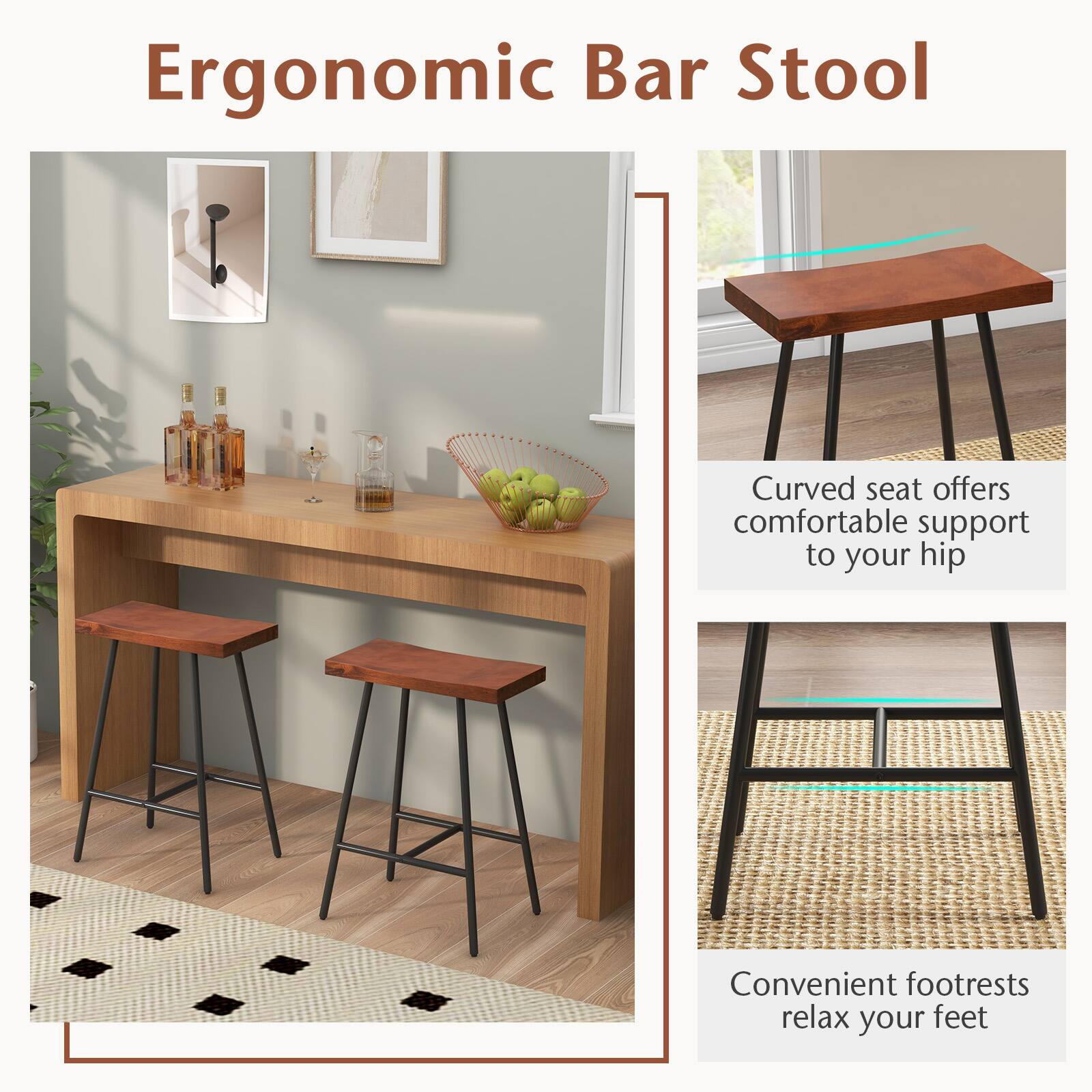 Ergonomic Bar Stool: Curved seat offers comfortable support to your hip. Convenient footrests relax your feet.
