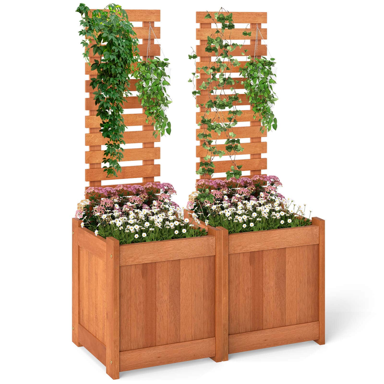 Front. Costway - Costway 2 PCS Wooden Raised Garden Bed Elevated Yard Planter Box with Trellis Open-Ended - Natural.