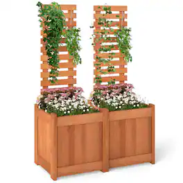 Costway - 2 PCS Wooden Raised Garden Bed Elevated Yard Planter Box with Trellis Open-Ended - Natural