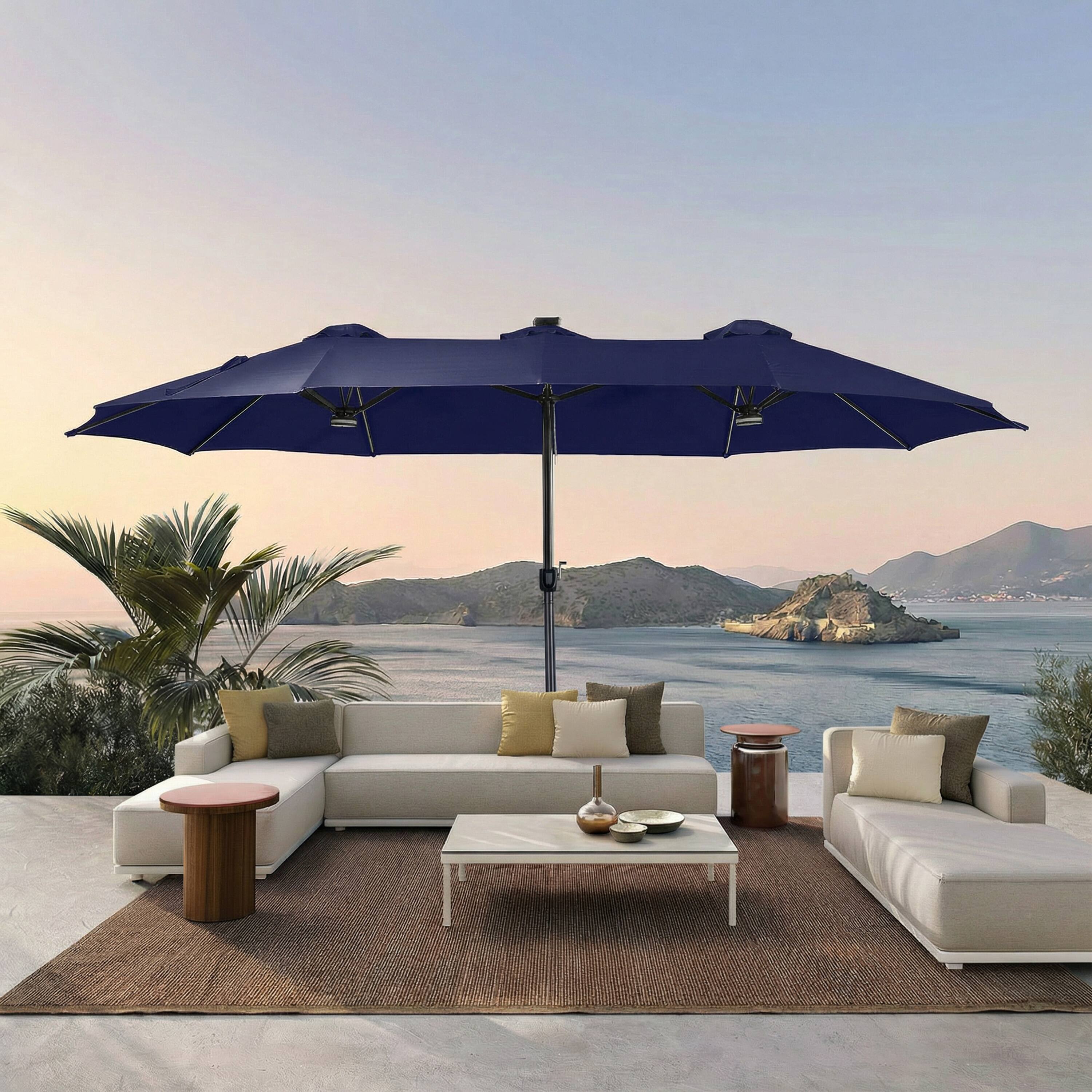 Left. Mondawe - 15ft Double-Sided Solar RGB LED Patio Umbrella with Base, Dual Charging - Navy.