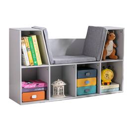 Homcom - 6-Cubby Kids Bookcase, Reading Nook and Cushion, Multi-Purpose Storage Organizer, Bedroom, Living Room - Gray