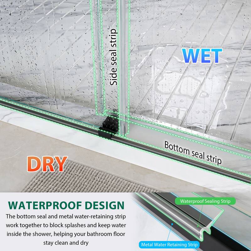 strip seal Side WET DRY Bottom seal strip WATERPROOF DESIGN

The bottom seal and metal water-retaining strip work together to block splashes and keep water inside the shower, helping your bathroom floor stay clean and dry

Waterproof Sealing Strip
Metal Water Retaining Strip