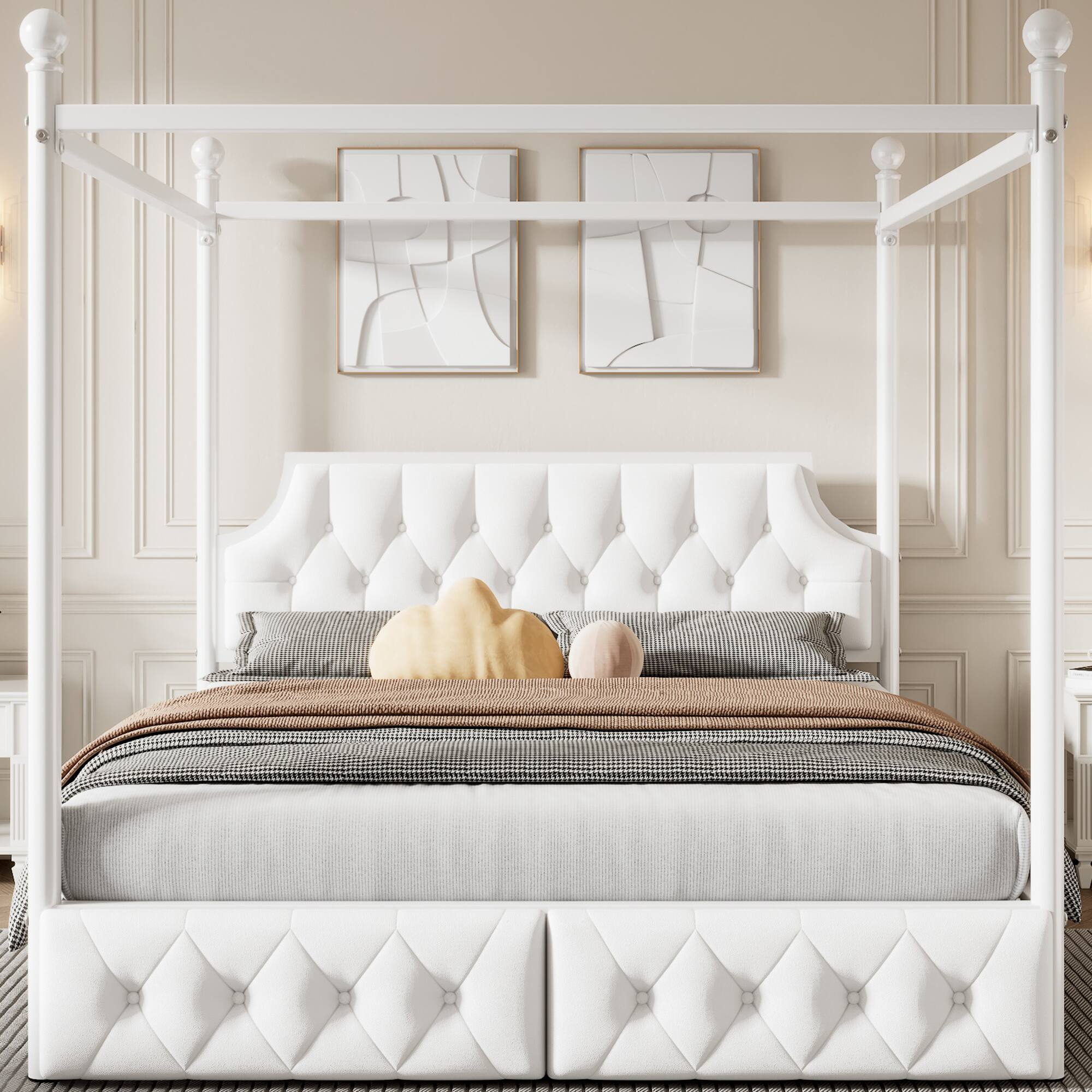Angle. LUCKY ONE - Queen Size Metal Canopy Platform Bed with Upholstered Headboard and Two Storage Drawers - White.