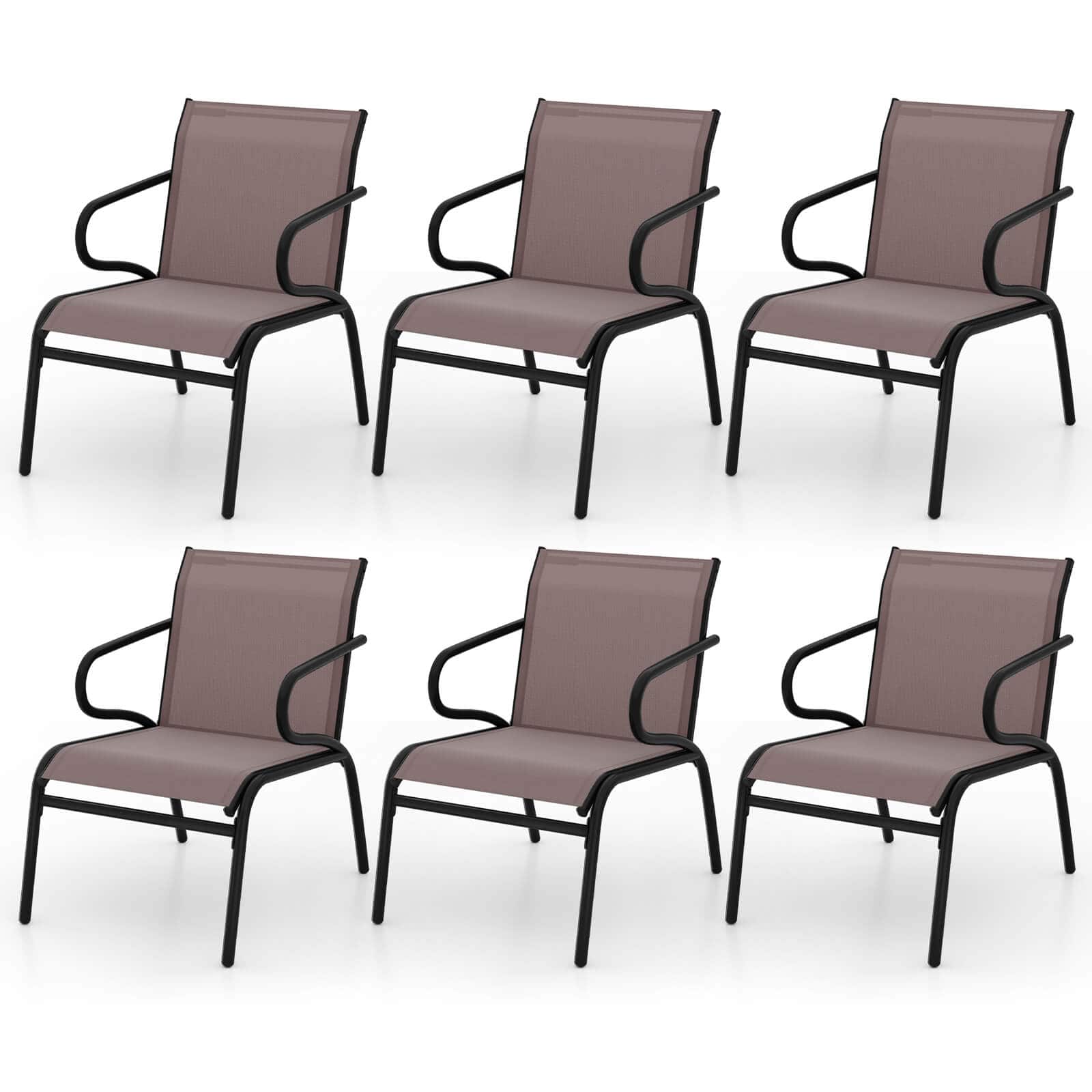 Costway - Patio Chairs Set of 6 with Breathable Fabric & Metal Frame Armrests for Poolside - Black,Brown price history on PriceWatchPro