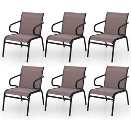 Costway - Patio Chairs Set of 6 with Breathable Fabric & Metal Frame Armrests for Poolside - Black,Brown