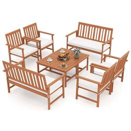 Costway - 8 PCS Acacia Wood Furniture Set 2 Coffee Tables & 4 Armchairs with Seat Cushions - Off White,Natural