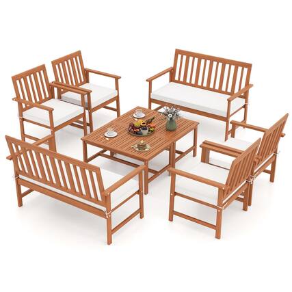 Front. Costway - Costway 8 PCS Acacia Wood Furniture Set 2 Coffee Tables & 4 Armchairs with Seat Cushions - Off White,Natural.