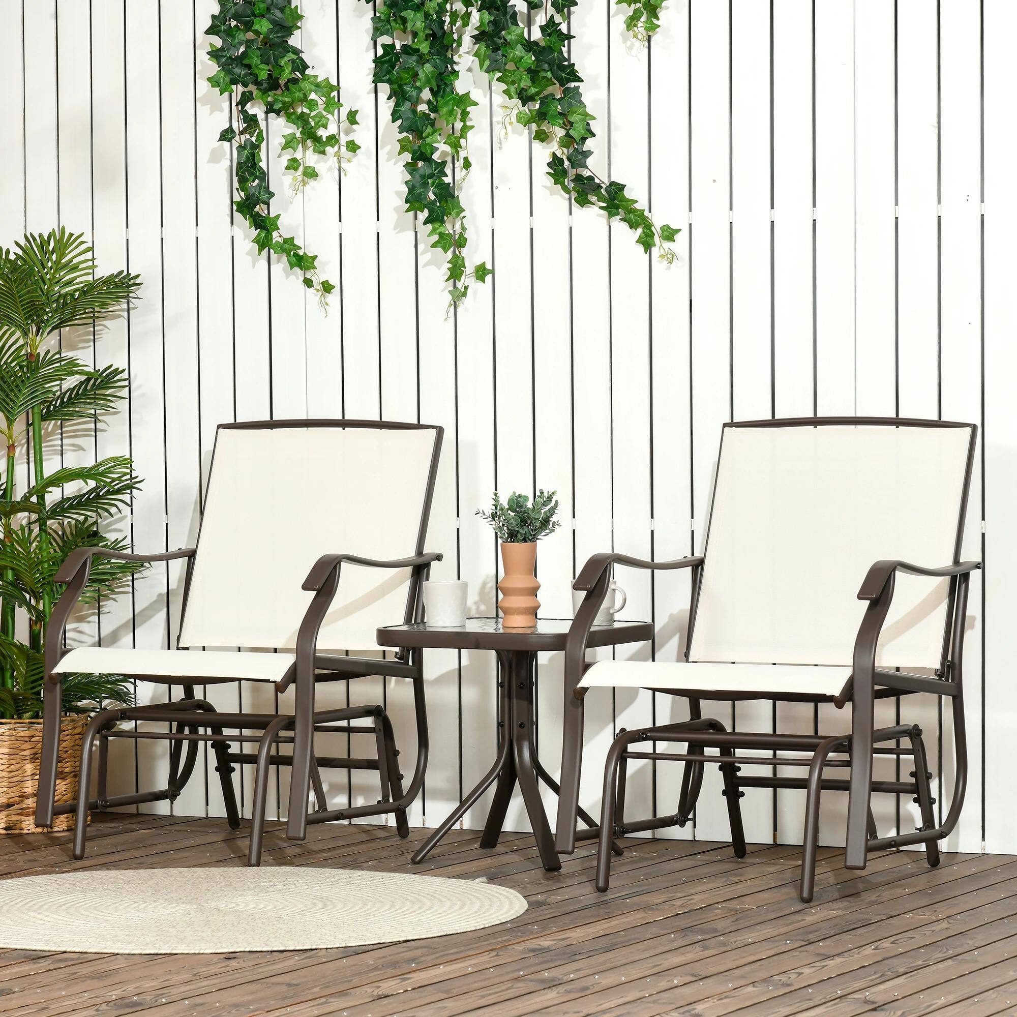 Alt View 7. Resenkos - Resenkos 3-Piece Bistro Set, Outdoor Glider Rocking Chairs, Sling Fabric, Glass Table, Perfect for Garden, Cream White - Cream White.