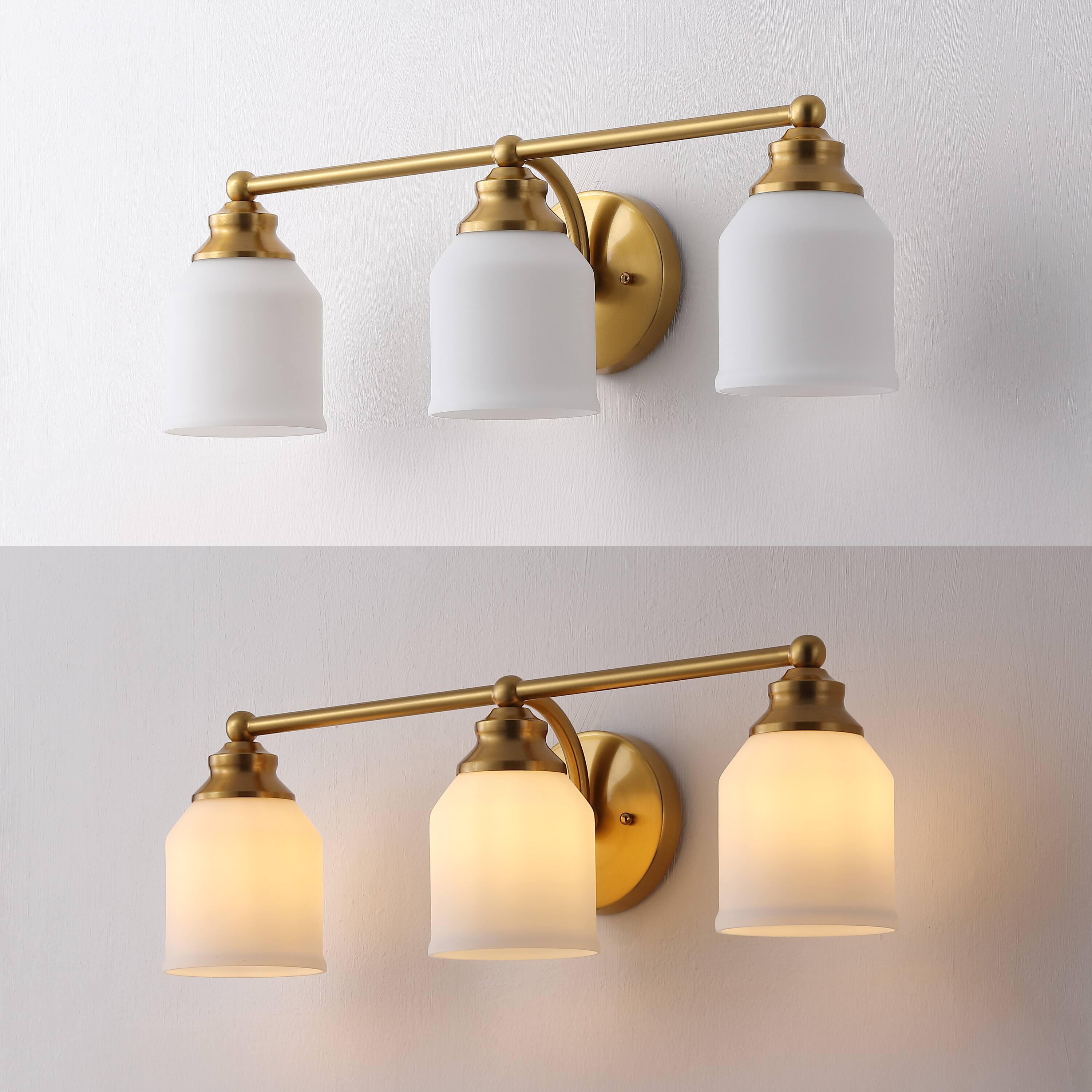 Alt View 4. Jonathan Y - Lydia 24" 3-Light Farmhouse Cottage Metal LED Vanity Light with Frosted Glass Shades, Brass Gold - Brass Gold.