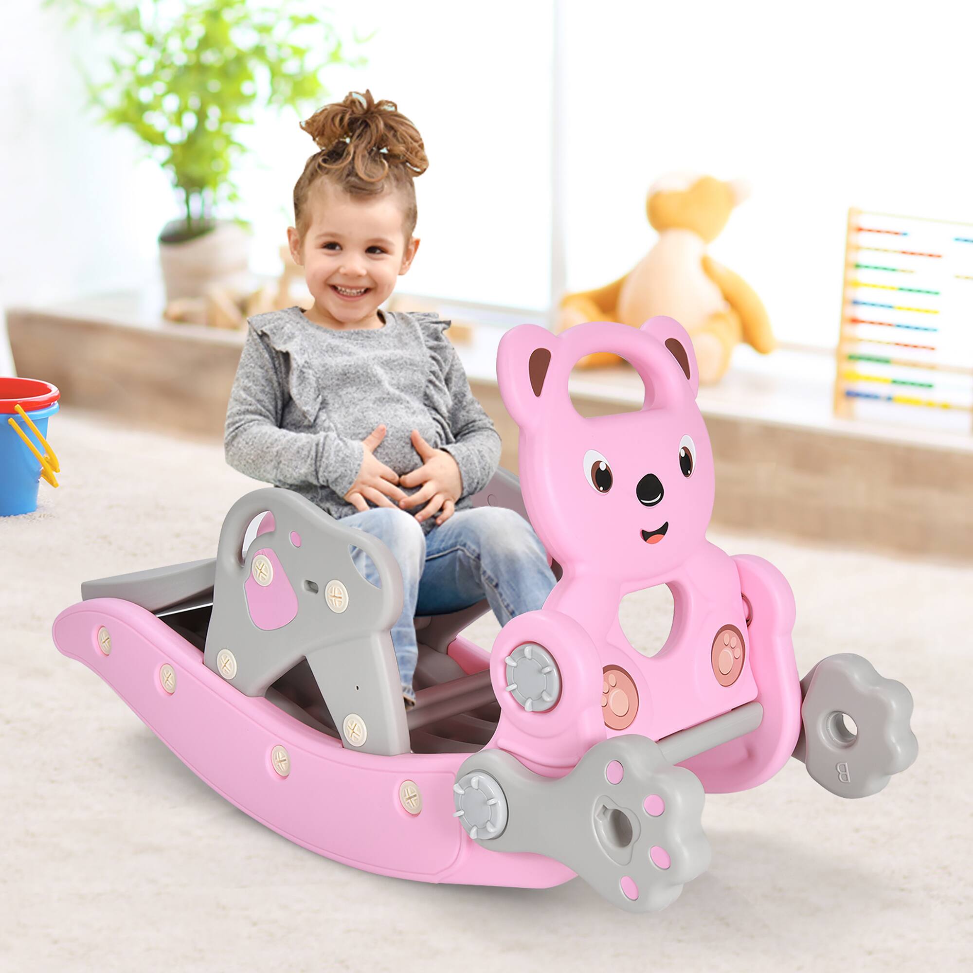 Alt View 1. Costway - Costway 4-in-1 Rocking Horse & Slide Set Toddler Slide Playset w/Basketball Hoop - Pink.