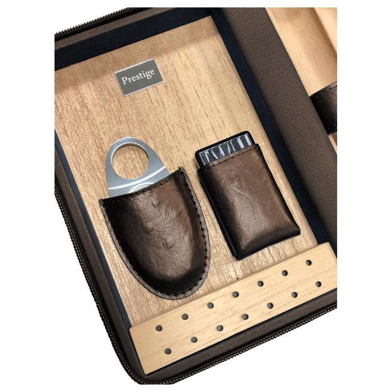 Angle. Prestige - Manhattan Travel Humidor (Brown) - Brown Ostrich Motif Leather.