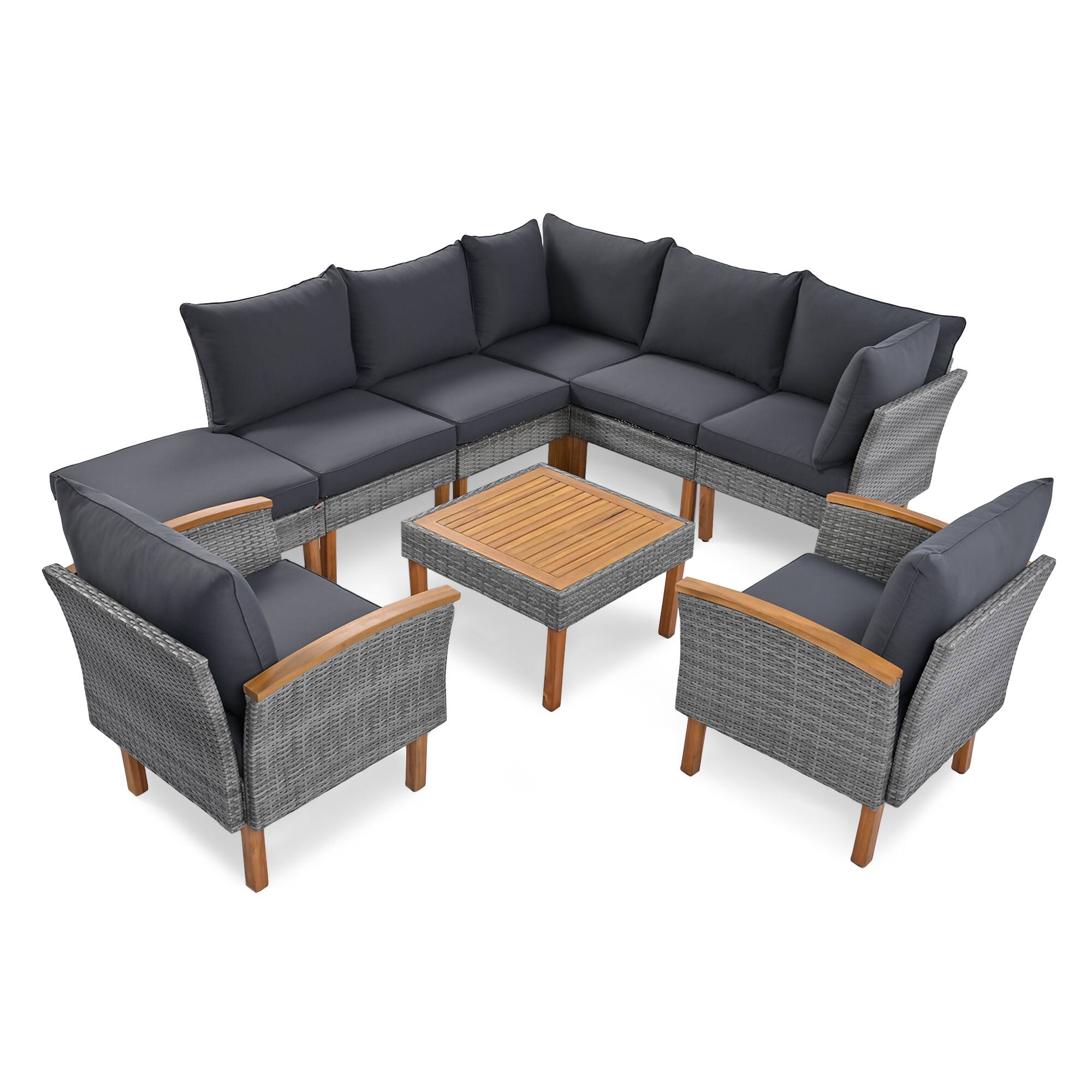 Left. Whisen - 9-Piece Outdoor Patio Rattan Furniture Set with Acacia Wood Legs and Coffee Table, Sectional Sofa - Gray.