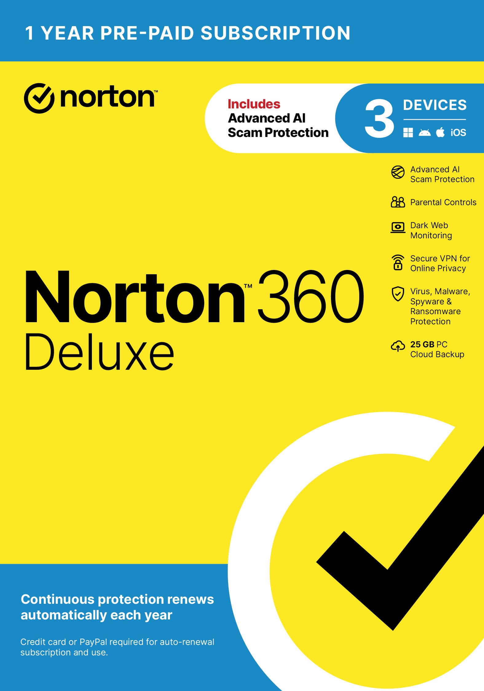 Norton - 360 Deluxe (3 Device) Antivirus Internet Security + Scam Protection + VPN + Dark Web Monitoring (1 Year Subscription) - Android, Apple iOS, Mac OS, Windows - Front_Zoom