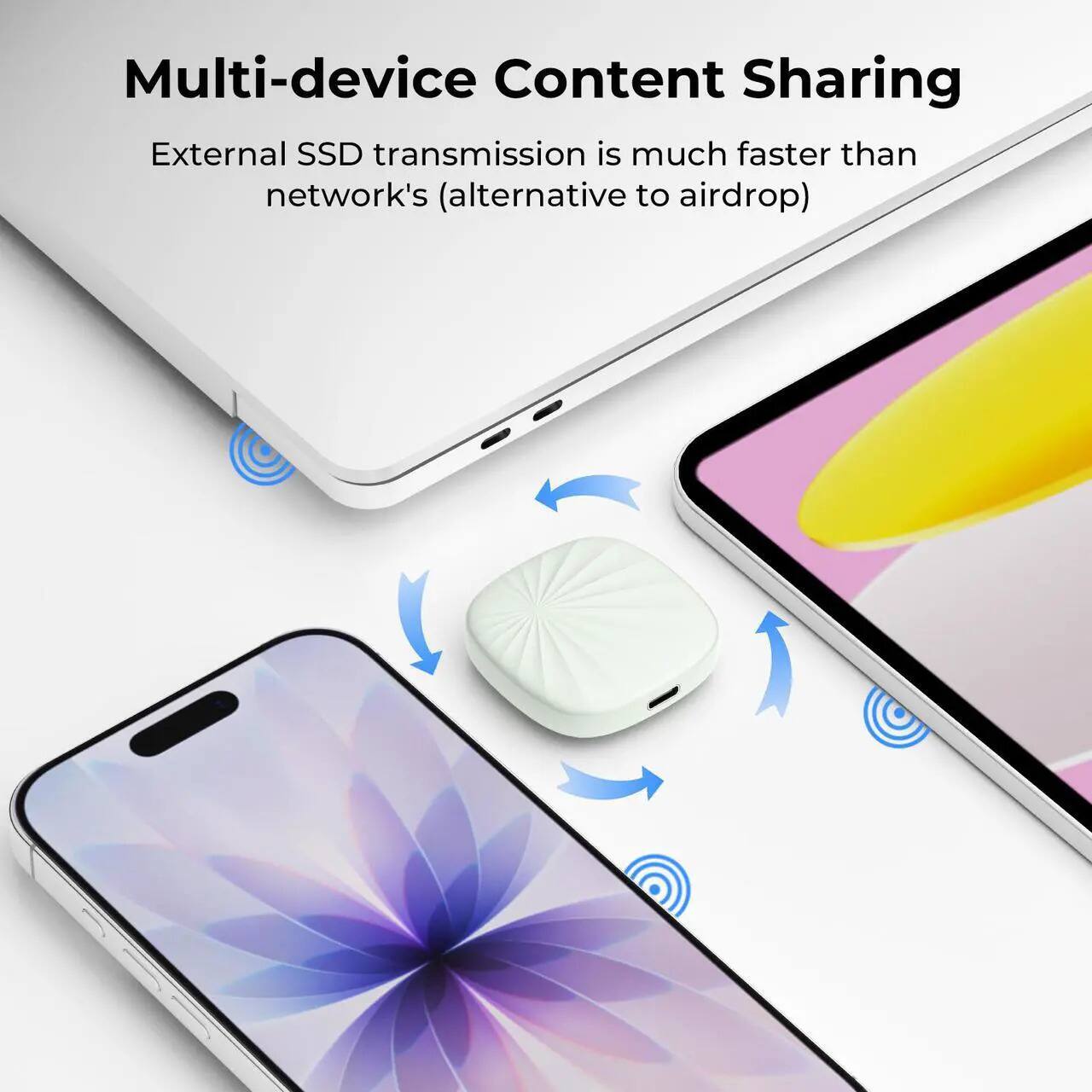 Multi-device Content Sharing  
External SSD transmission is much faster than network's (alternative to airdrop)