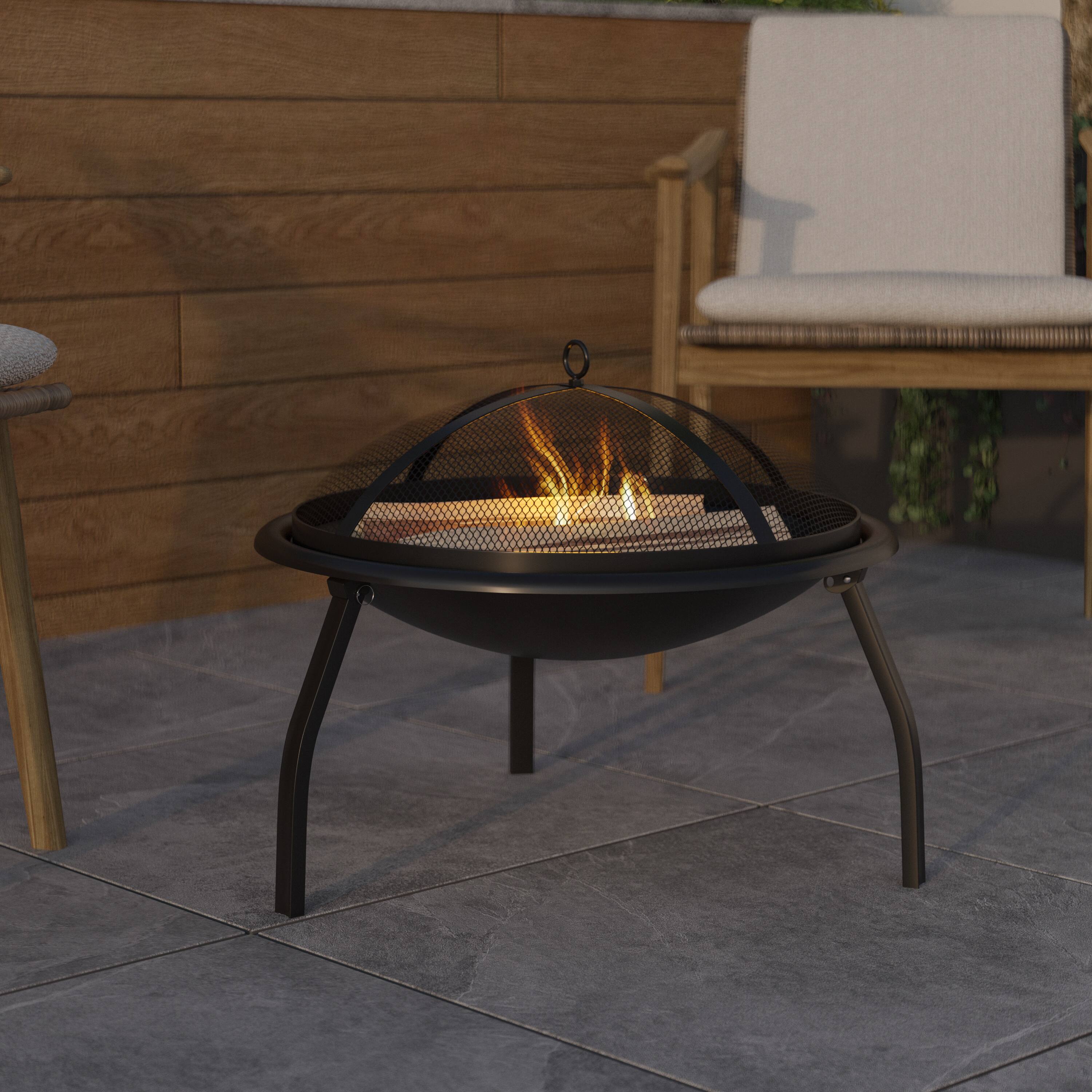 Alt View 1. Emma + Oliver - 22.5" Iron Foldable Wood Burning Outdoor Firepit with Mesh Screen & Poker - Black.