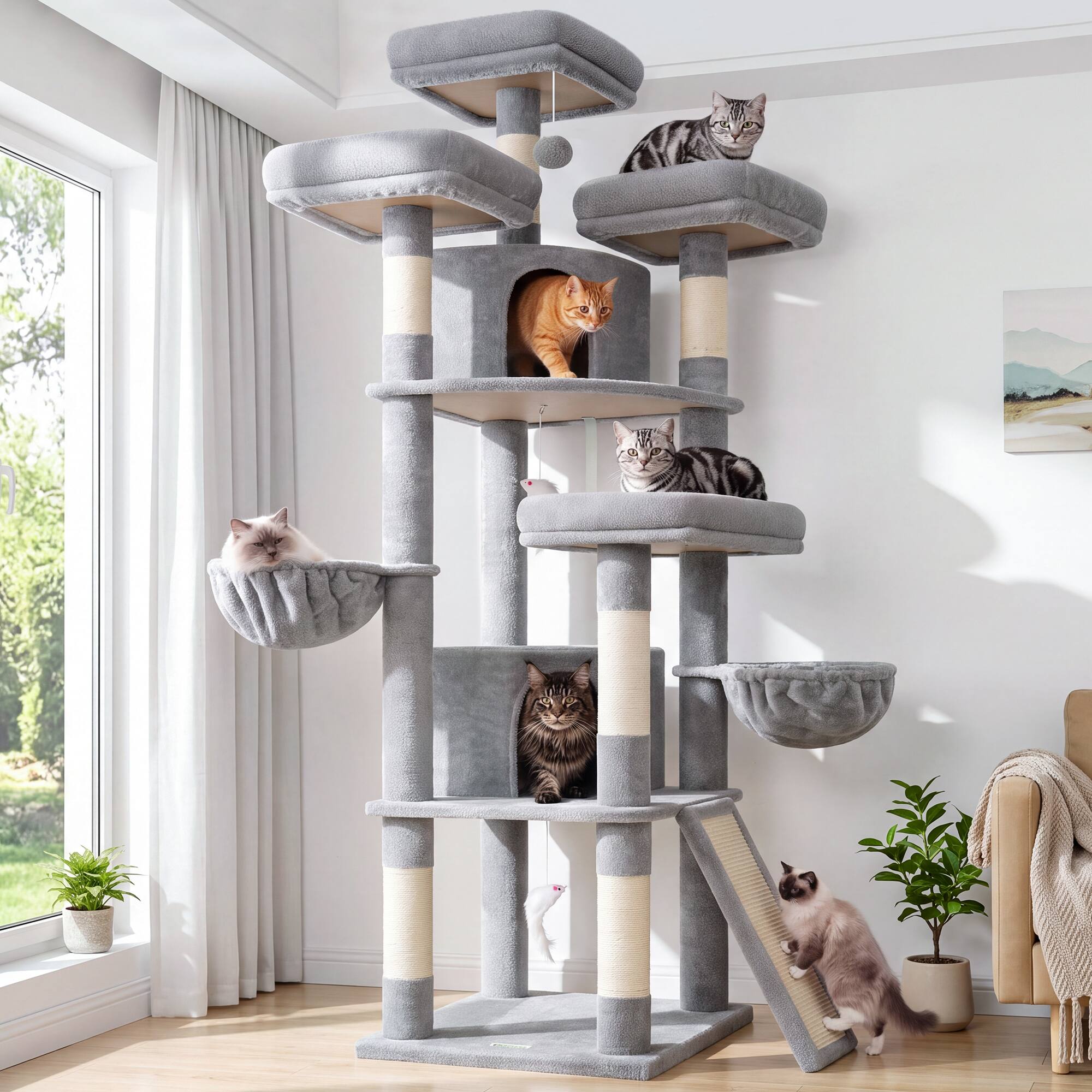 Front. Globlazer - 80 inch Large Cat Tree Tower for Large Cat and Multi‑Cat Family, 3 Top Platforms, 2 Cat Houses with Hammock - Light gray.