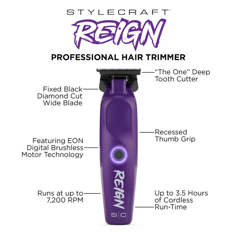 STYLECRAFT REIGN PROFESSIONAL HAIR TRIMMER "The One" Deep Tooth Cutter Fixed Black Diamond Cut Wide Blade Featuring EON Digital Brushless Motor Technology Runs at up to 7,200 RPM REIGN S C Recessed Thumb Grip Up to 3.5 Hours of Cordless Run-Time