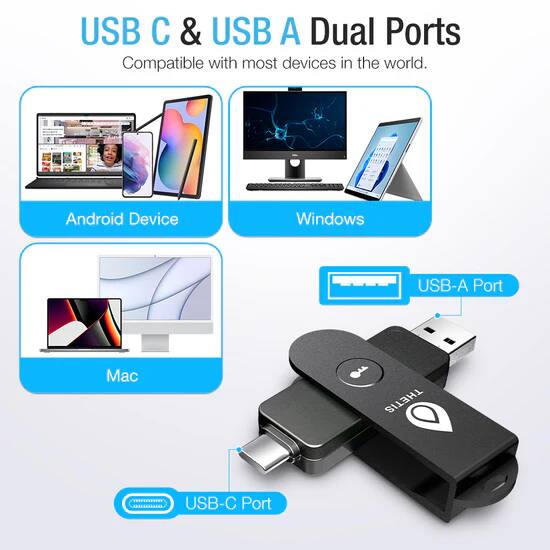 USB C & USB A Dual Ports  
Compatible with most devices in the world.  

- Android Device  
- Windows  
- Mac  

USB-A Port  
USB-C Port