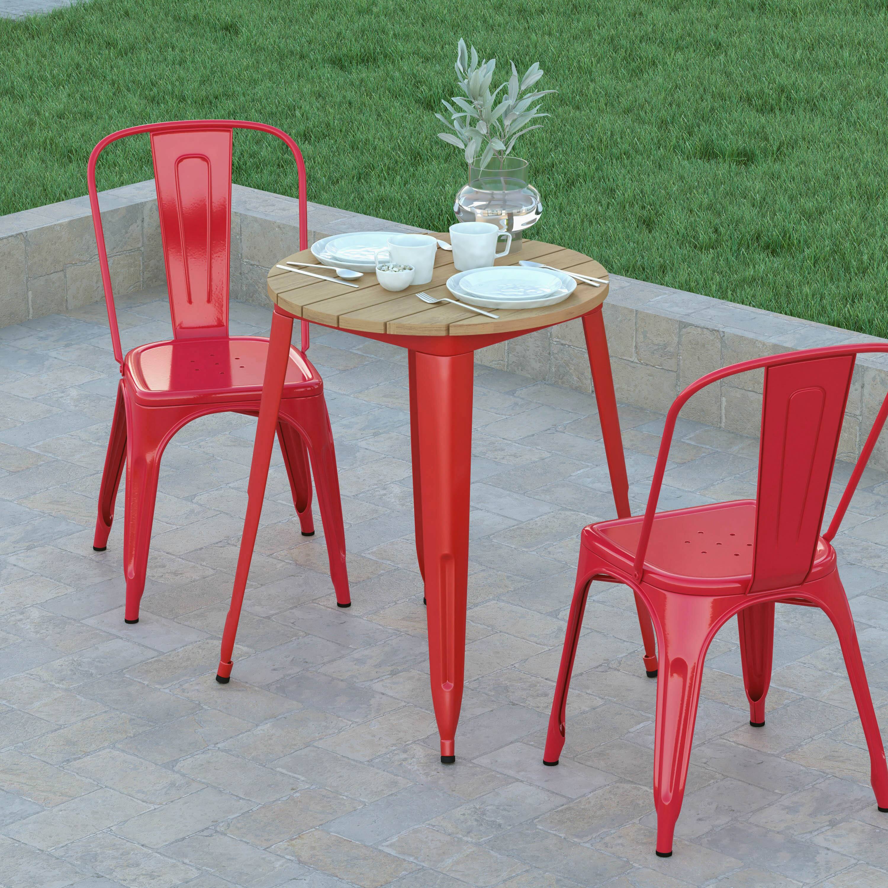Alt View 3. Emma + Oliver - Drew Indoor/Outdoor Dining Table, 23.75" Round All Weather Poly Resin Top with Steel Base - Brown Top/Red Frame.