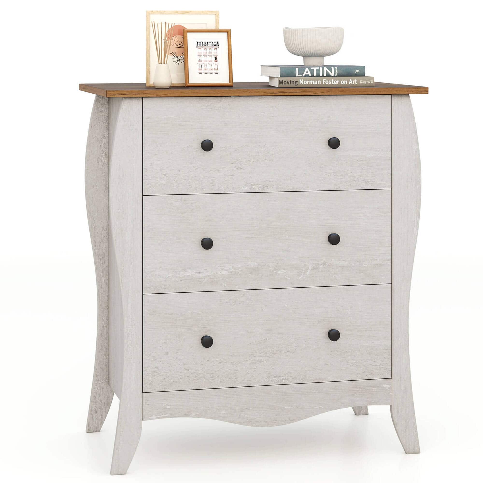 Costway - 1 PCS 30" Farmhouse Chest of Drawers with 3 Folding Fabric Drawers Anti-tipping Kit - Gray