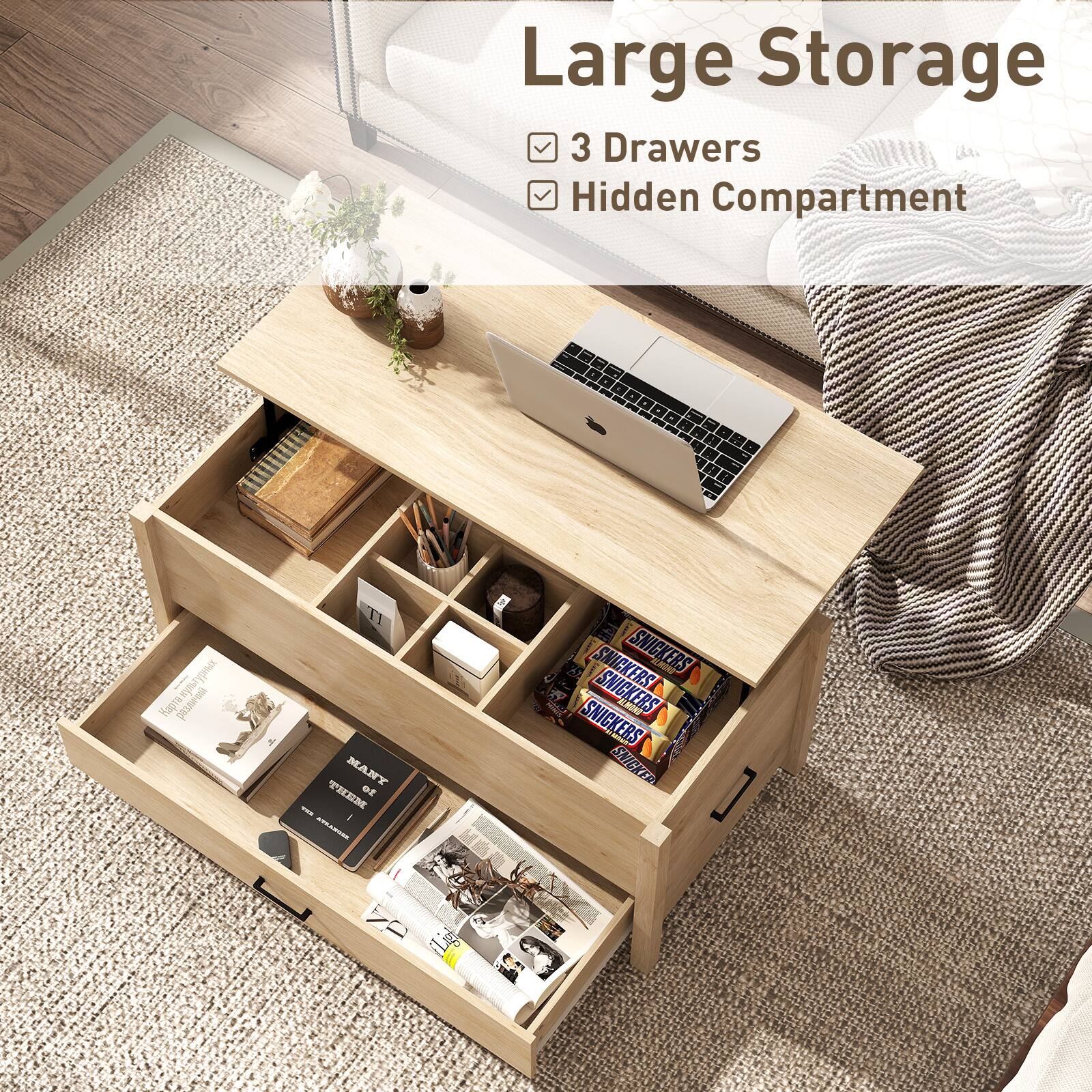 Large Storage  
3 Drawers  
Hidden Compartment