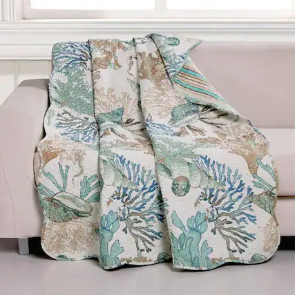 Front. Barefoot Bungalow - Barefoot Bungalow Atlantis Corals And Seashells Perfect Accessory Throw Blanket - 50x60" Jade - Jade.