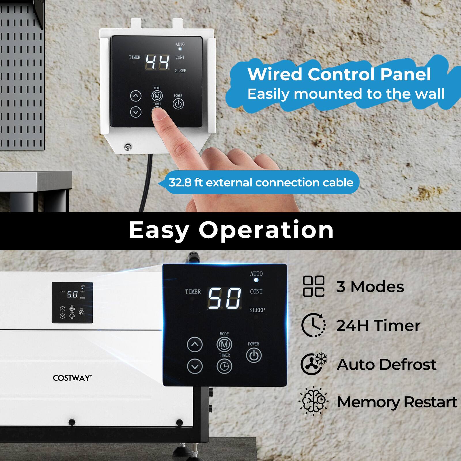 The text on the image can be grouped and corrected as follows:

1. Wired Control Panel: Easily mounted to the wall. 32.8 ft external connection cable. Easy Operation.
2. Auto Timer Cont 44 Sleep - M E Imms: 50 Auto Timer Cont 58 Sleep Mode. 3 Modes. 24H Timer.
3. Costway M 1 Fire Power: Auto Defrost. Memory Restart.