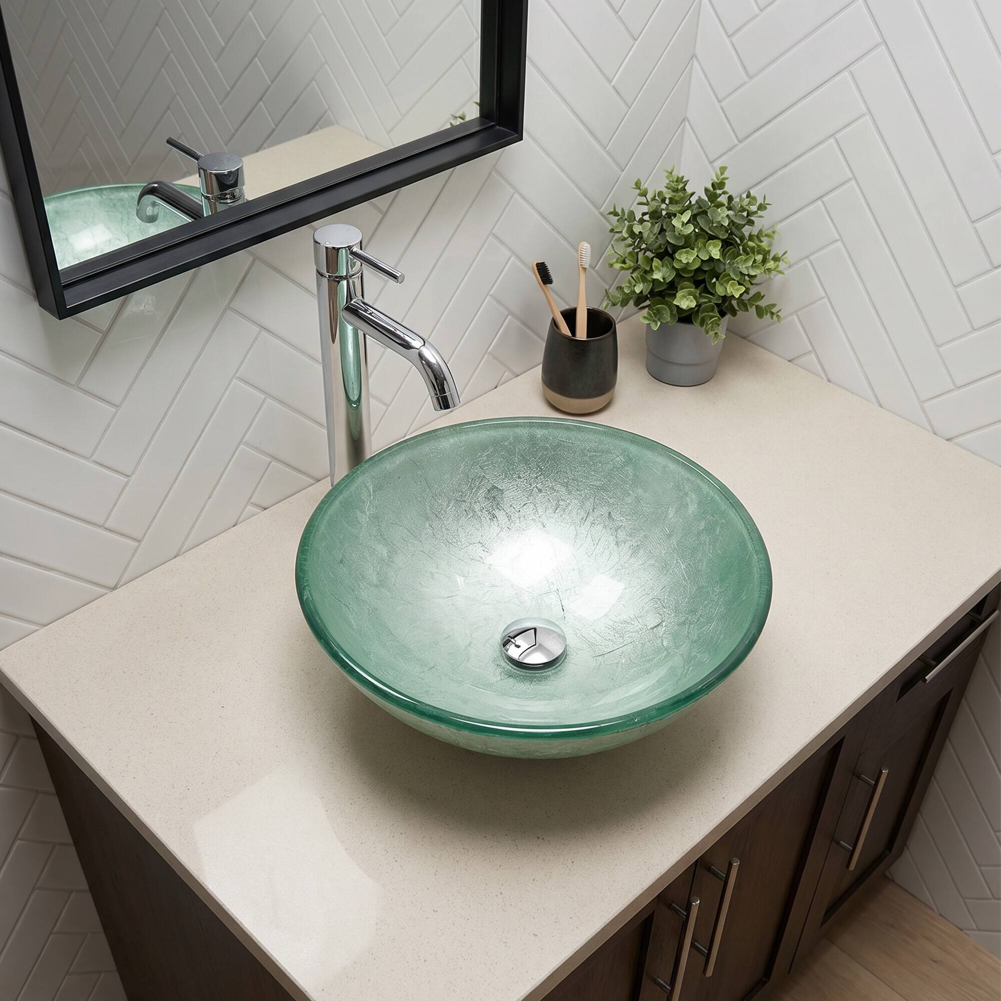 Alt View 1. Boyel Living - Green Ice-Crackle Tempered Glass Vessel Sink Round Artistic Textured Bathroom Sink Bowl Countertop Vanity Basin - Green.