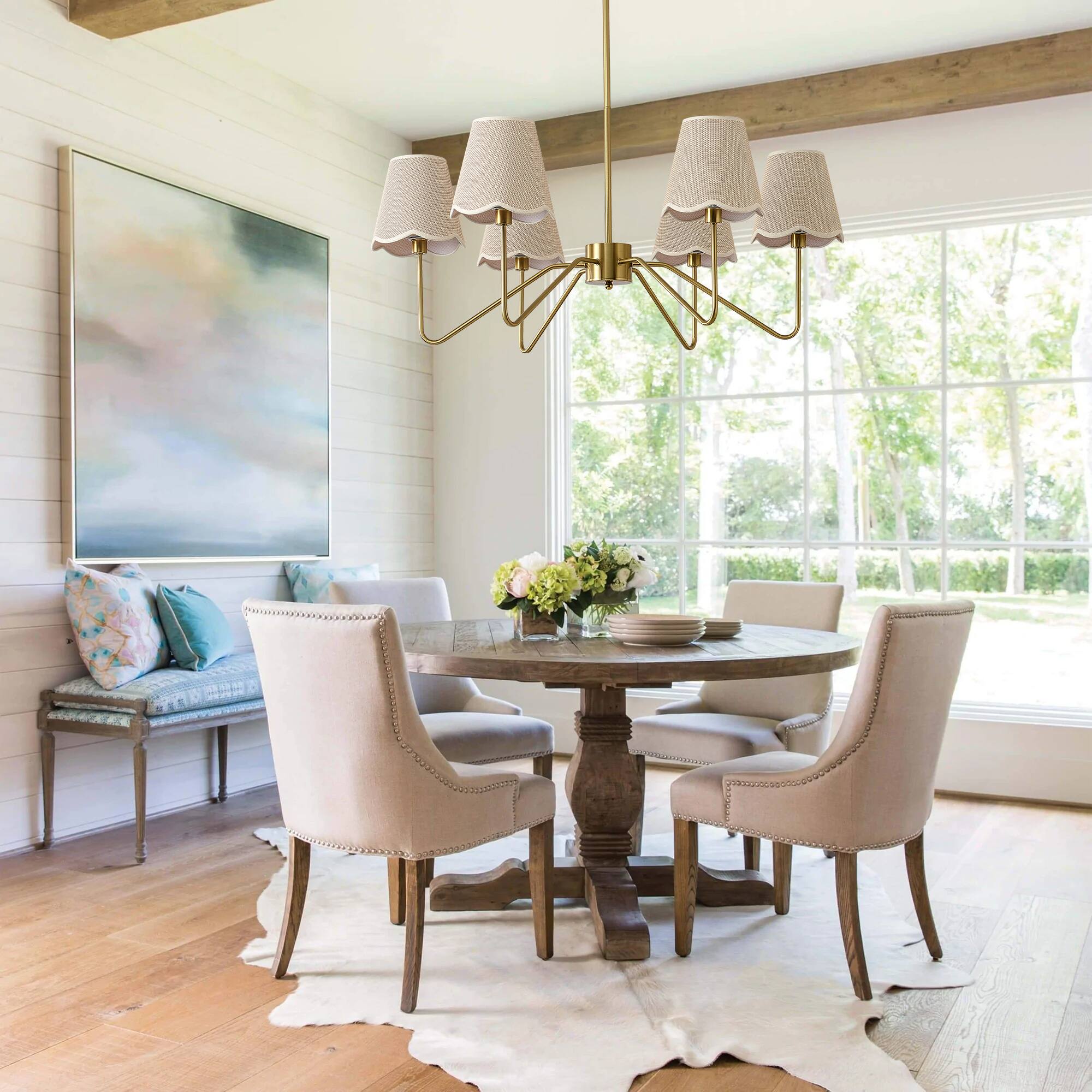 Angle. RYHNUYNE - 6-Light Boho Chandelier with Fabric Shades 40 Inch Large Brass Pendant Light for Dining Room Kitchen Island Dimmable.