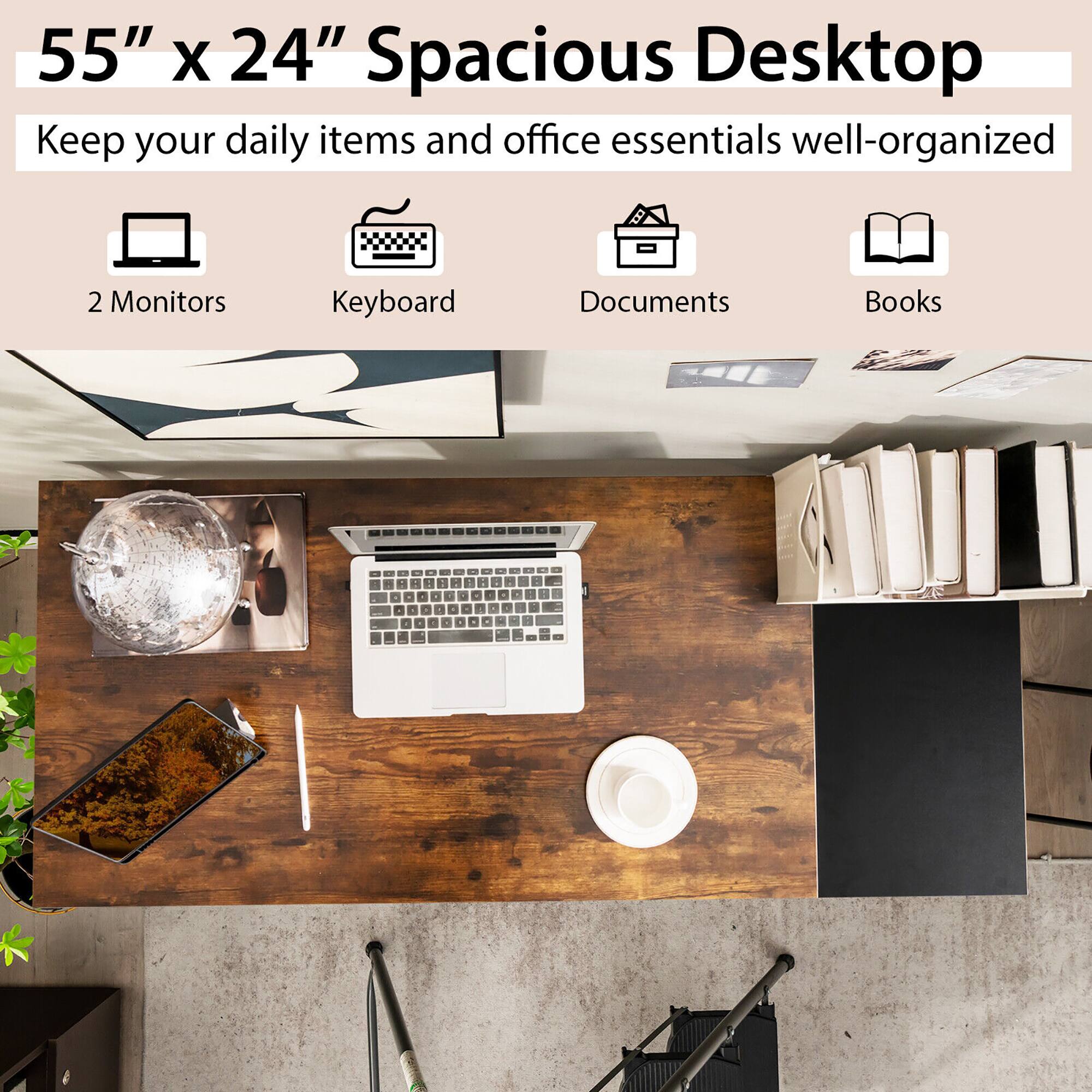 55" X 24" Spacious Desktop: Keep your daily items and office essentials well-organized. 2 Monitors, Keyboard, Documents, Books.