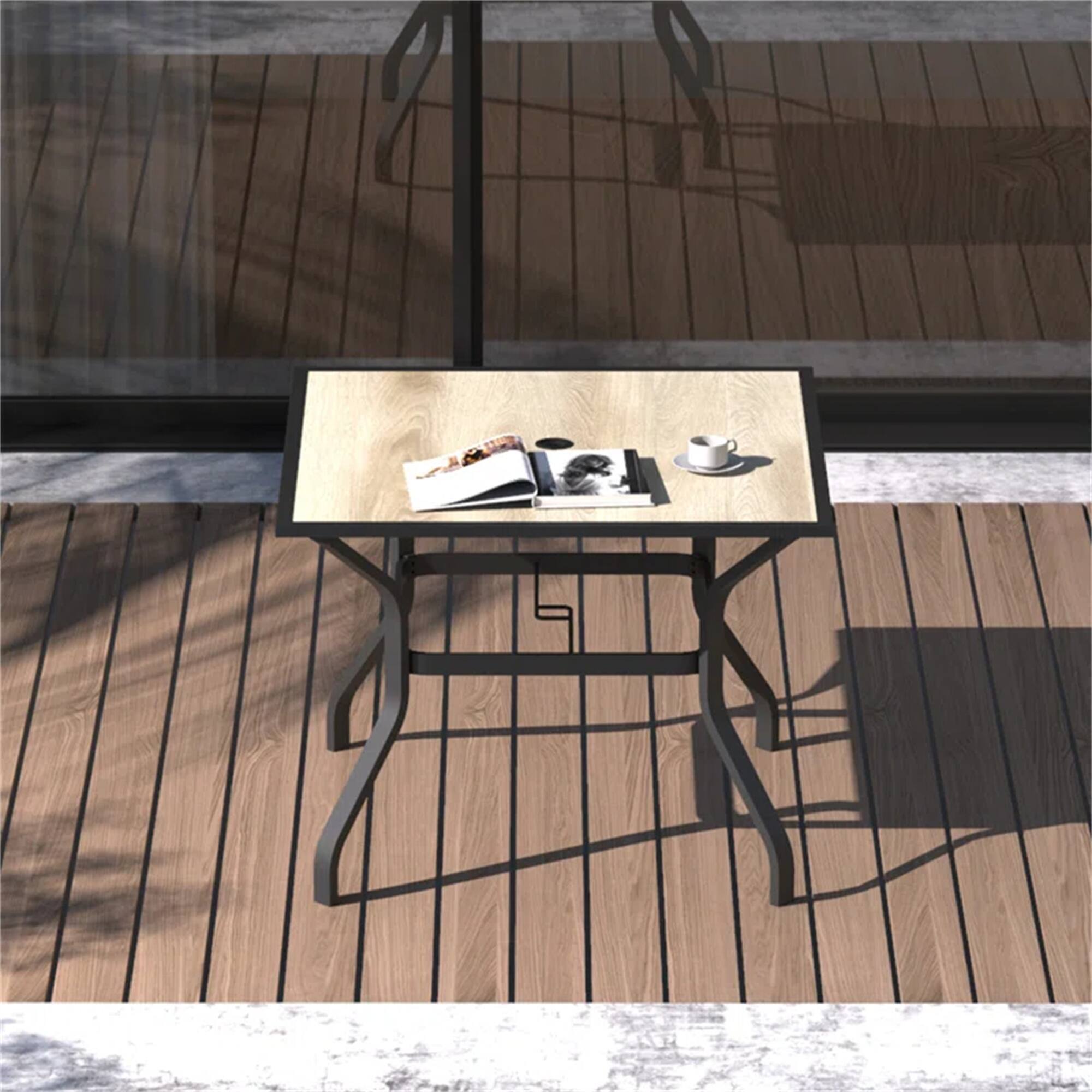 Angle. Mondawe - Patio Square Metal Dining Table with Umbrella Hole and Wood-Look Tabletop - Beige.