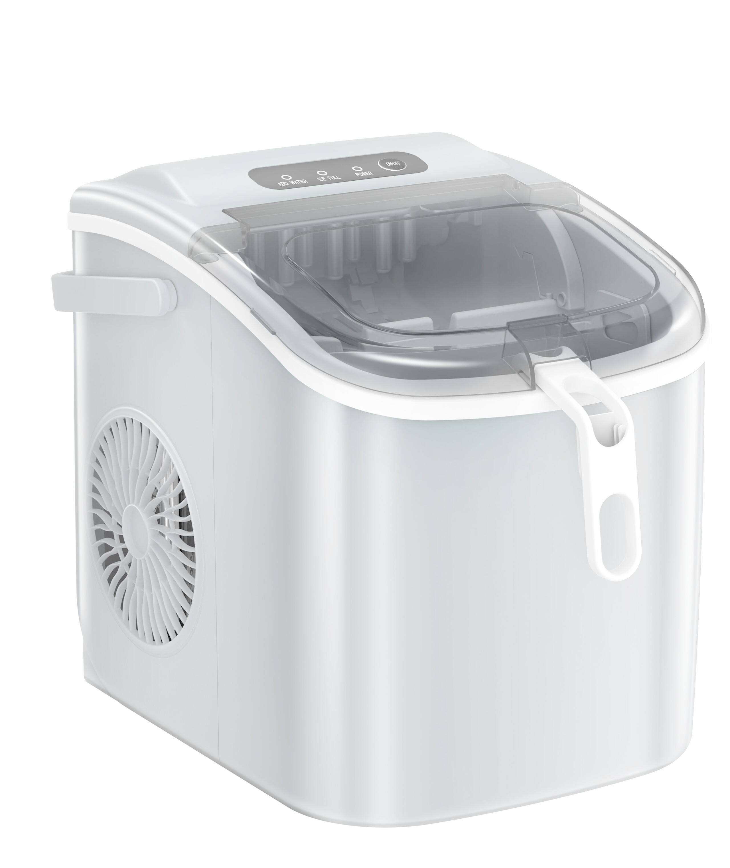 Back. LHRIVER - Portable Countertop Ice Maker with Carrying Handle and Scoop, 9 Ice Cubes in 6 Minutes, 26 lbs Daily Output - White.