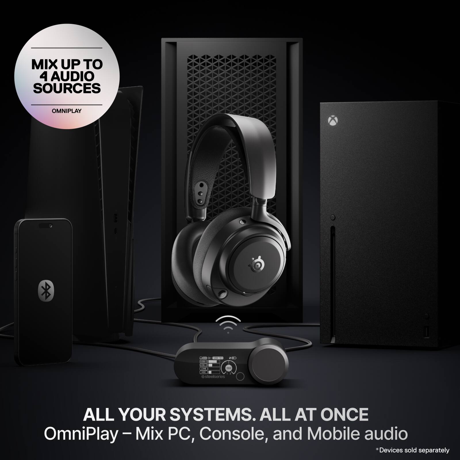 MIX UP TO 4 AUDIO SOURCES  
OMNIPLAY  

ALL YOUR SYSTEMS. ALL AT ONCE  
OmniPlay – Mix PC, Console, and Mobile audio  

*Devices sold separately